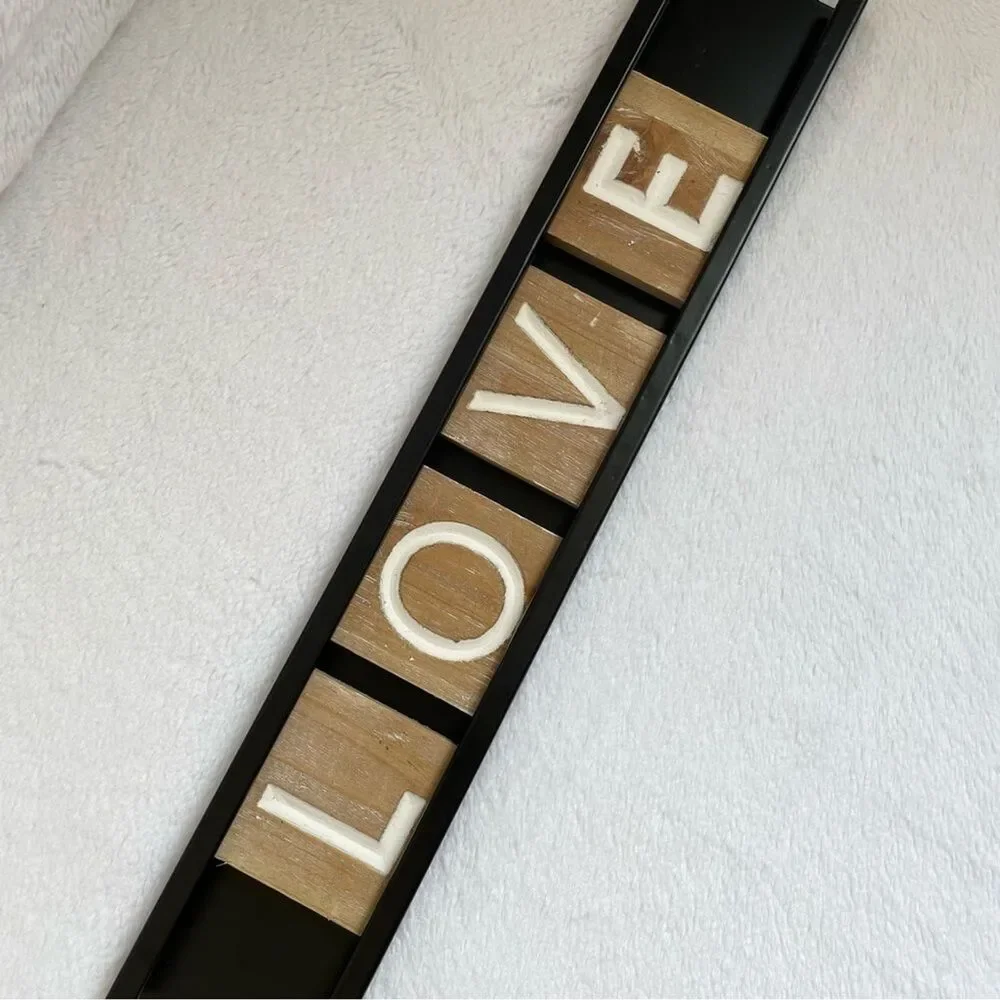 Love Hanging Sign Wood Letter Blocks Metal Frame Home Decor